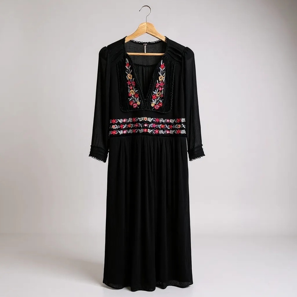 Free People Black Dress with Colorful Embroidery